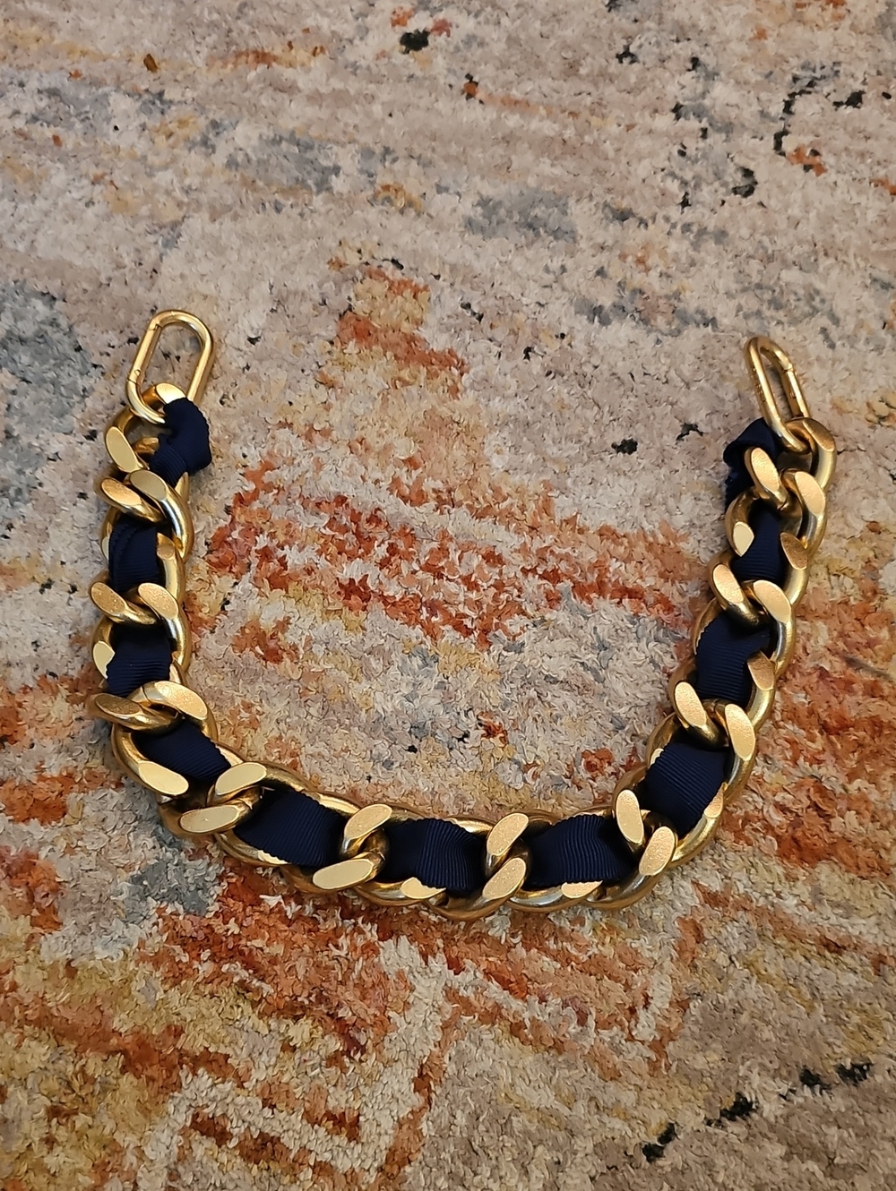 Clare V Gold Chain Bracelet with Navy Ribbon Accent. 16 Inches In Length